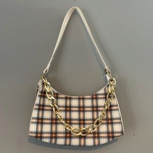 Brown checkered purse with chain